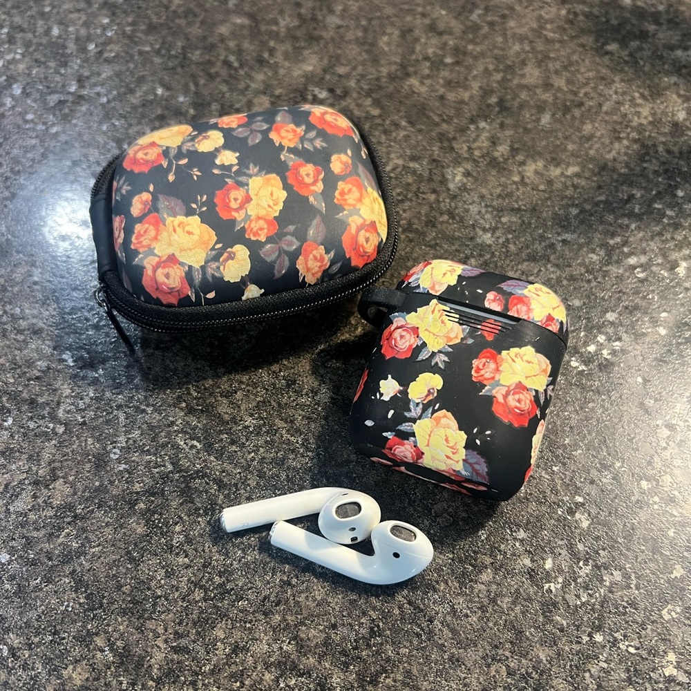 Apple White Earbuds with Black Floral Charging Case and Zipper Pouch
